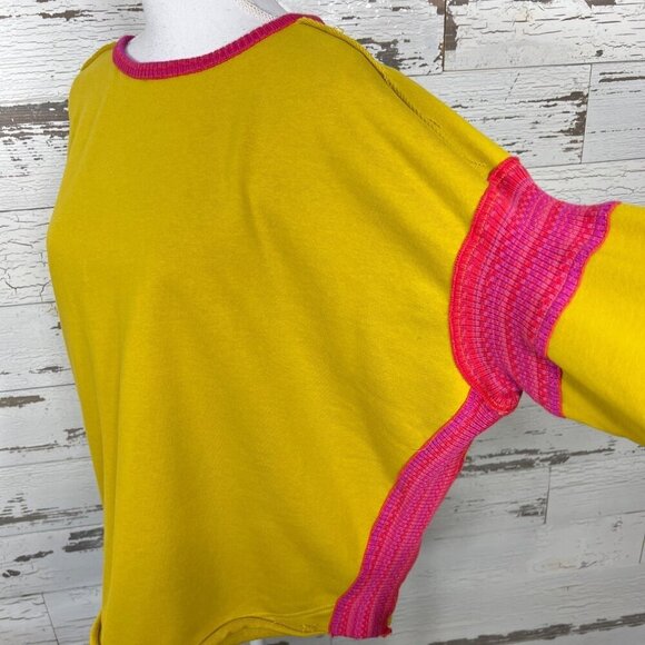 NATURAL LIFE Oversize Raw Hem Knit Trim Sweatshirt Mustard Yellow Pink L/XL NWT - Picture 3 of 5
